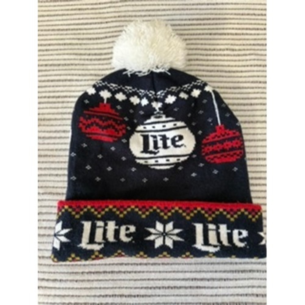 Miller Lite Christmas Beanie Hat Navy Blue Holiday Ornament Knit Pom Pom Cap